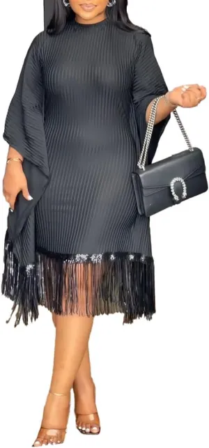 Womens Dresses Casual Midi Lenght Fringe Dress Plus Size Sequins Batwing Sleeve Tassel Hem Wrap Dresses