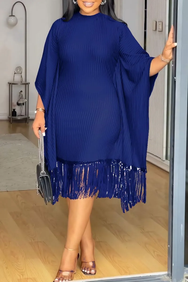 Womens Dresses Casual Midi Lenght Fringe Dress Plus Size Sequins Batwing Sleeve Tassel Hem Wrap Dresses