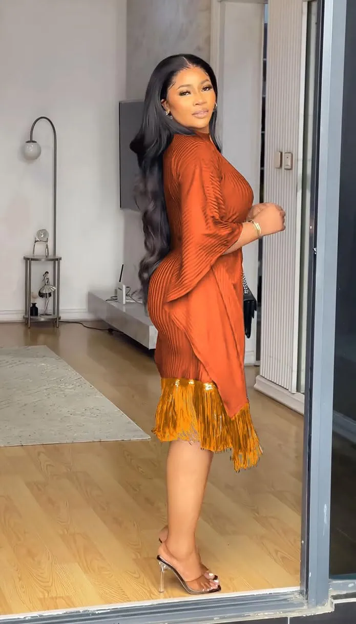 Womens Dresses Casual Midi Lenght Fringe Dress Plus Size Sequins Batwing Sleeve Tassel Hem Wrap Dresses