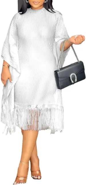 Womens Dresses Casual Midi Lenght Fringe Dress Plus Size Sequins Batwing Sleeve Tassel Hem Wrap Dresses