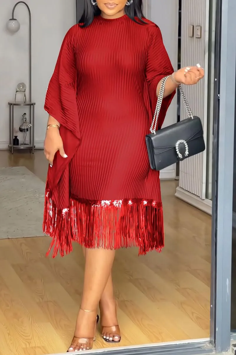 Womens Dresses Casual Midi Lenght Fringe Dress Plus Size Sequins Batwing Sleeve Tassel Hem Wrap Dresses