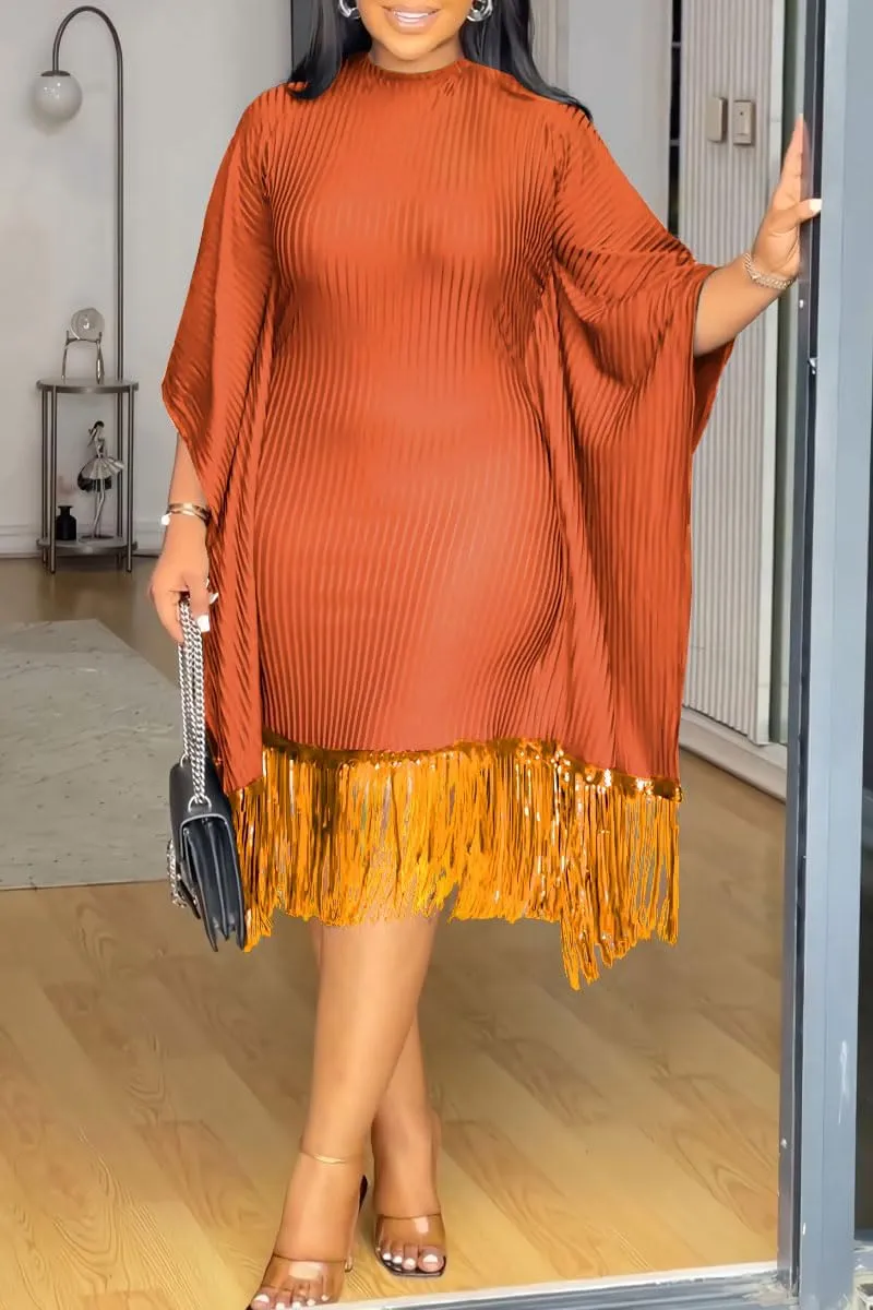 Womens Dresses Casual Midi Lenght Fringe Dress Plus Size Sequins Batwing Sleeve Tassel Hem Wrap Dresses