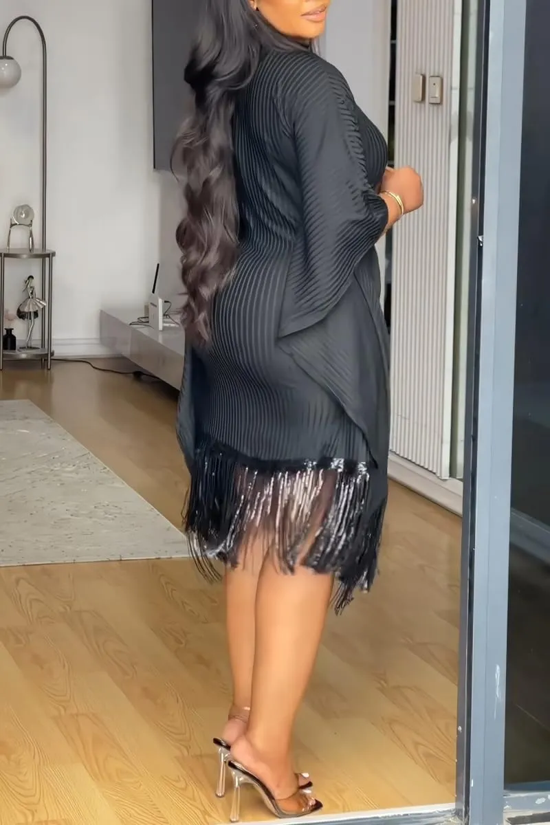 Womens Dresses Casual Midi Lenght Fringe Dress Plus Size Sequins Batwing Sleeve Tassel Hem Wrap Dresses