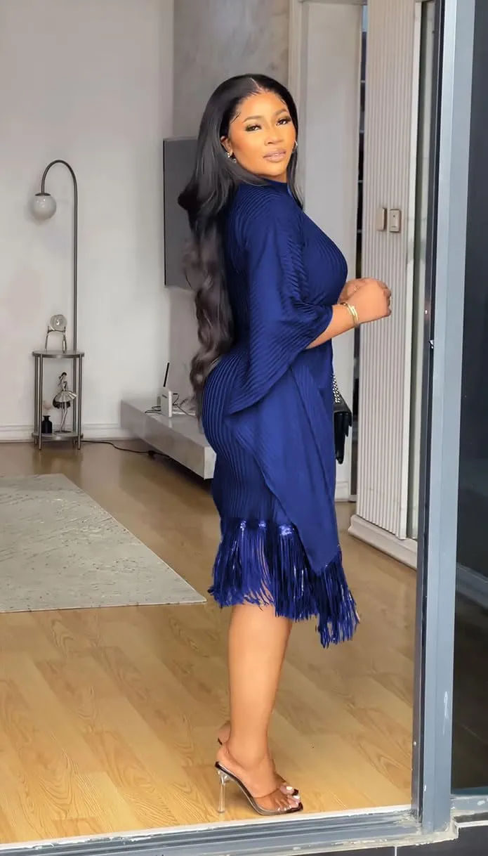 Womens Dresses Casual Midi Lenght Fringe Dress Plus Size Sequins Batwing Sleeve Tassel Hem Wrap Dresses