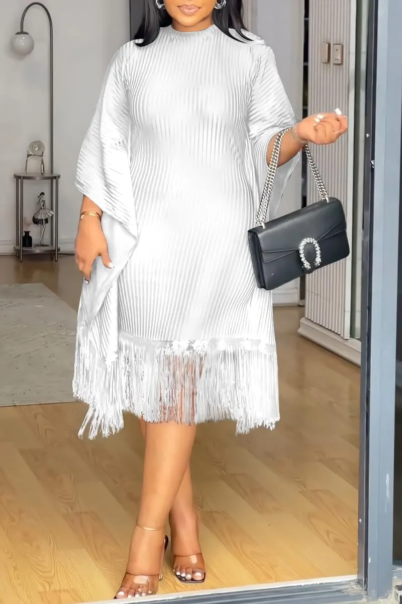 Womens Dresses Casual Midi Lenght Fringe Dress Plus Size Sequins Batwing Sleeve Tassel Hem Wrap Dresses