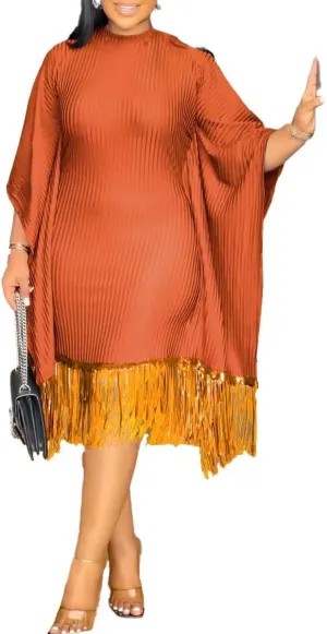 Womens Dresses Casual Midi Lenght Fringe Dress Plus Size Sequins Batwing Sleeve Tassel Hem Wrap Dresses