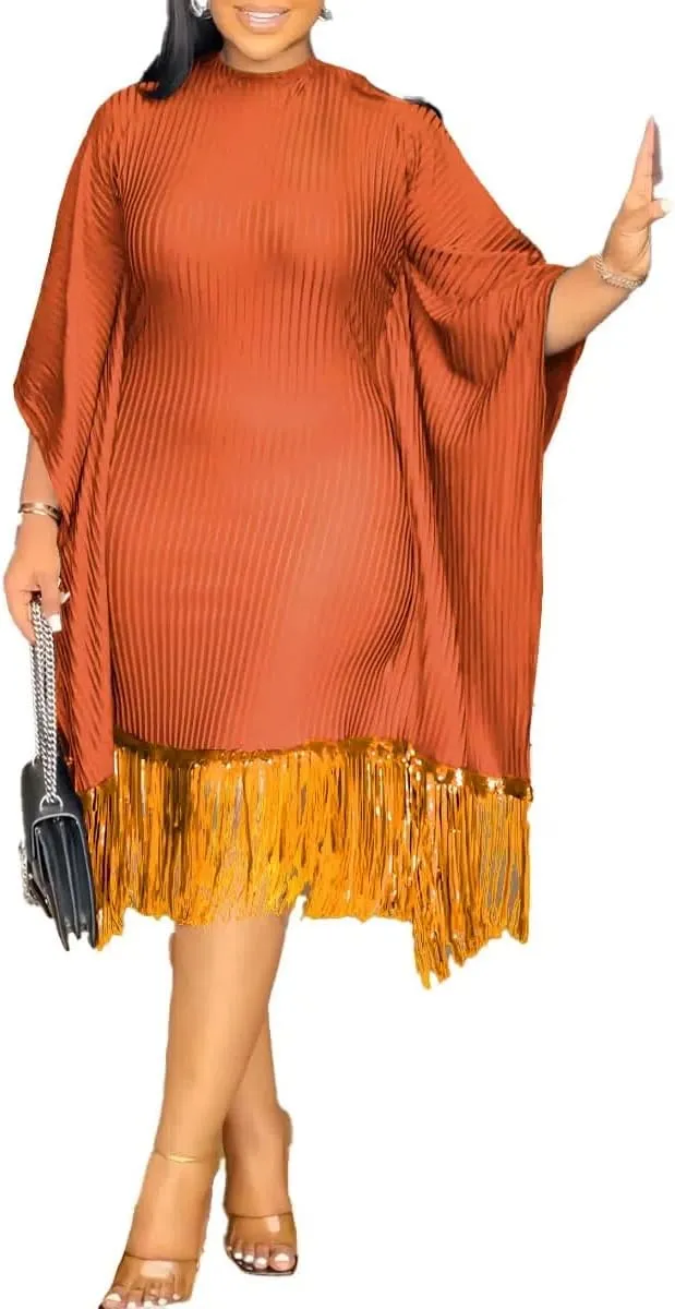 Womens Dresses Casual Midi Lenght Fringe Dress Plus Size Sequins Batwing Sleeve Tassel Hem Wrap Dresses