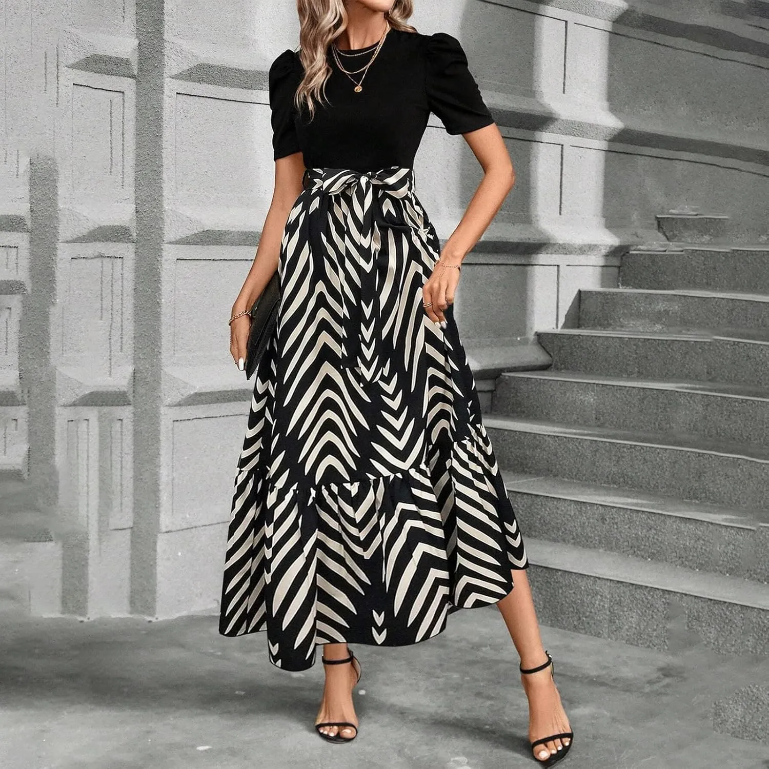 Womens Dresses for Wedding Guest 2025 Elegant Classy Empire Waist Short Sleeve A Line Dress Summer Work Wrap Sundress