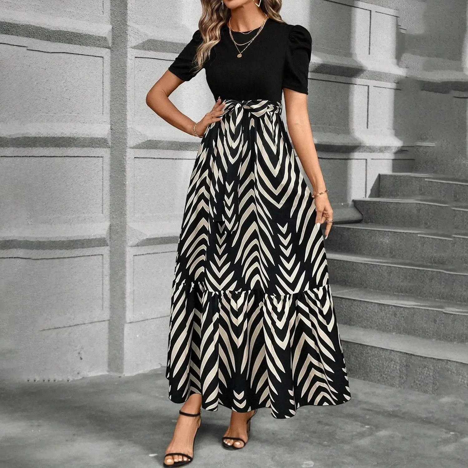 Womens Dresses for Wedding Guest 2025 Elegant Classy Empire Waist Short Sleeve A Line Dress Summer Work Wrap Sundress