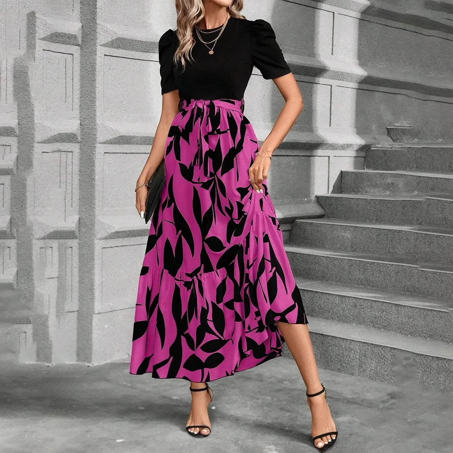 Womens Dresses for Wedding Guest 2025 Elegant Classy Empire Waist Short Sleeve A Line Dress Summer Work Wrap Sundress