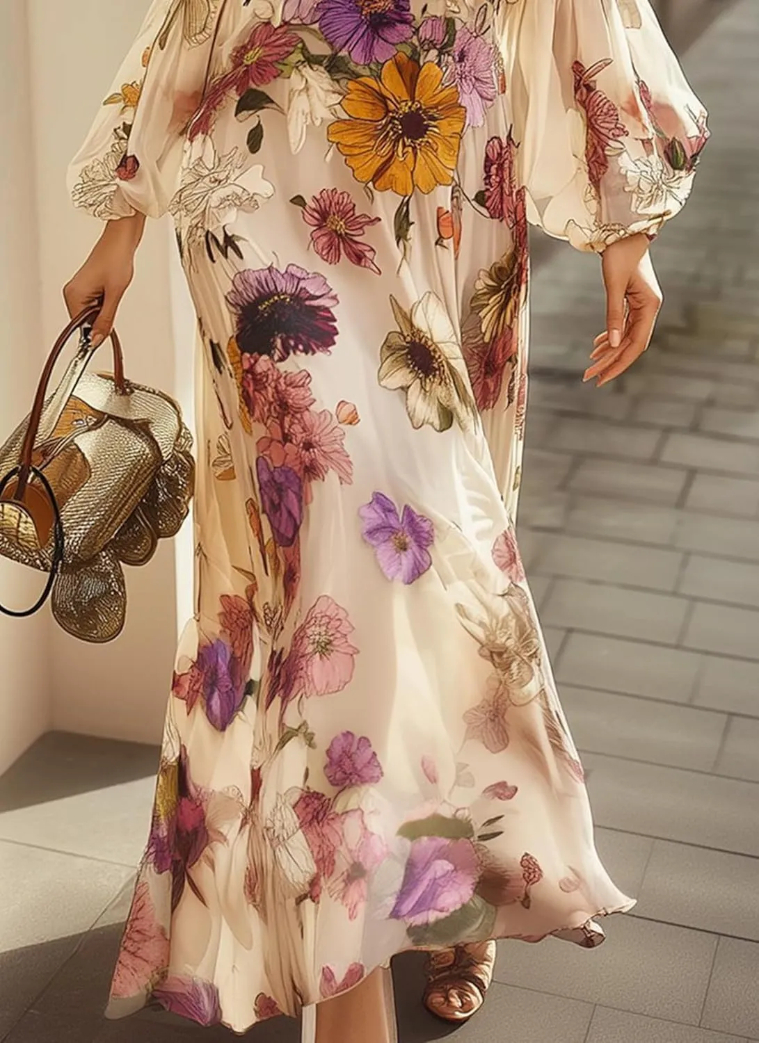 Women's Elegant Floral Maxi Dress Crew Neck Balloon Sleeve Wrap Flowy Wedding Guest Dress