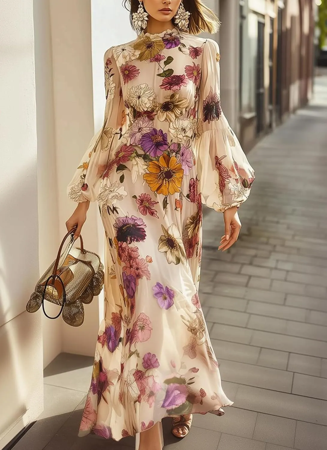 Women's Elegant Floral Maxi Dress Crew Neck Balloon Sleeve Wrap Flowy Wedding Guest Dress