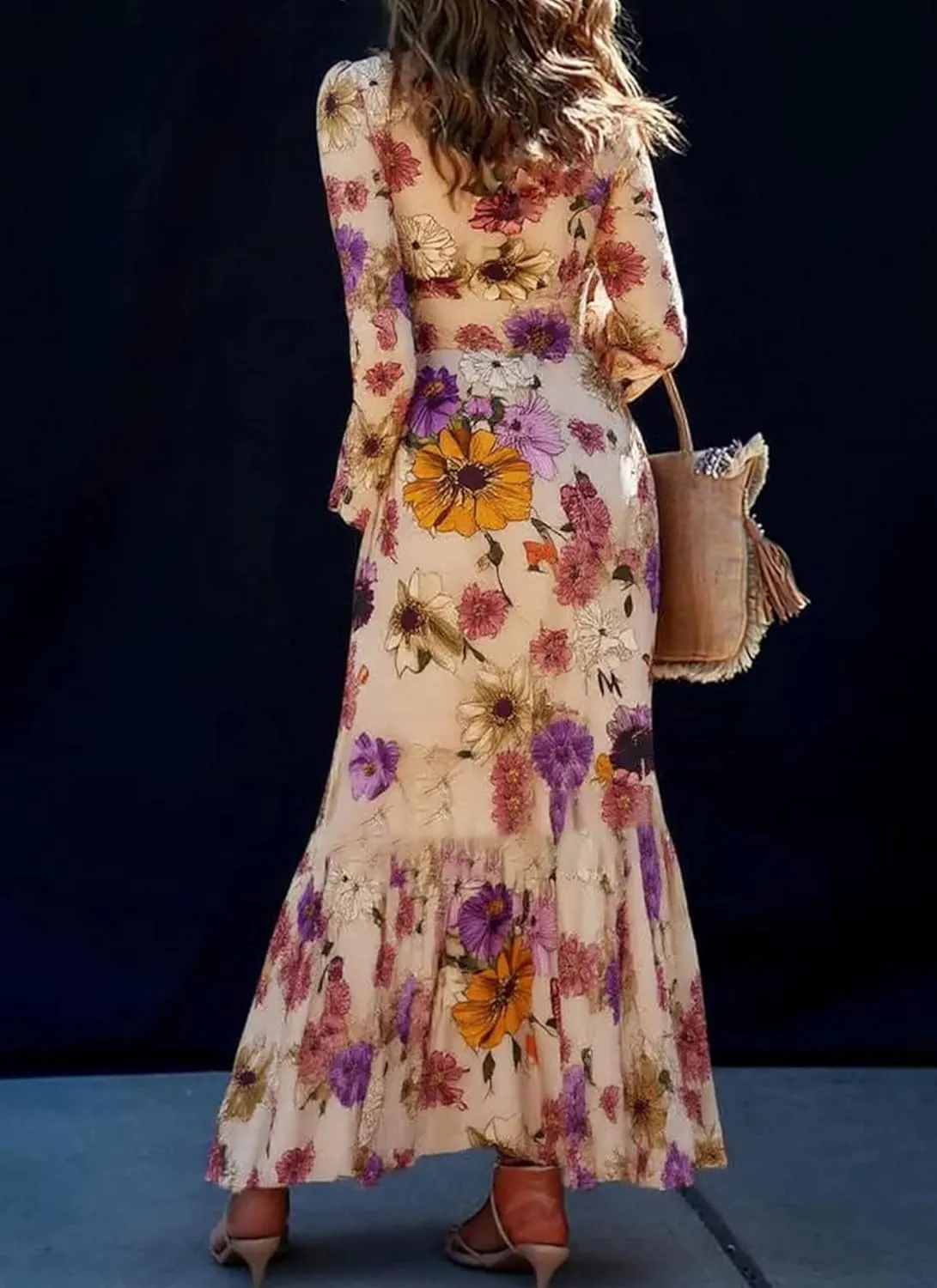 Women's Elegant Floral Maxi Dress Crew Neck Balloon Sleeve Wrap Flowy Wedding Guest Dress