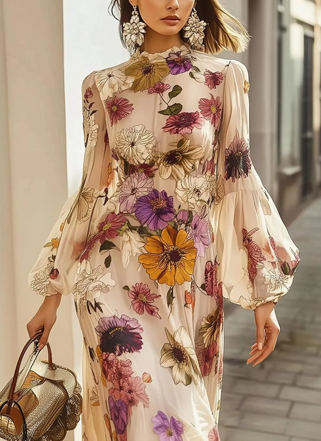 Women's Elegant Floral Maxi Dress Crew Neck Balloon Sleeve Wrap Flowy Wedding Guest Dress