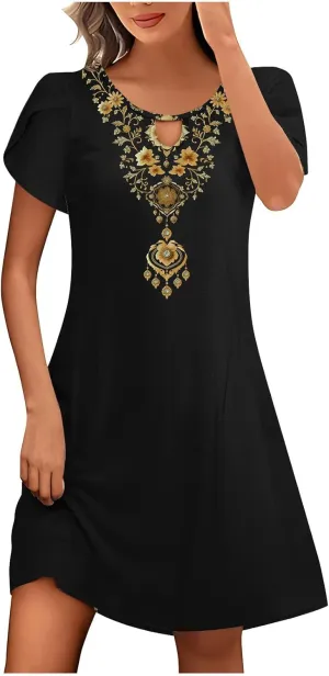 Women's Embroidered Mexican Dresses 2024 Summer Short Sleeve Mini Dress Trendy Casual Loose Flowy Beach Sun Dresses