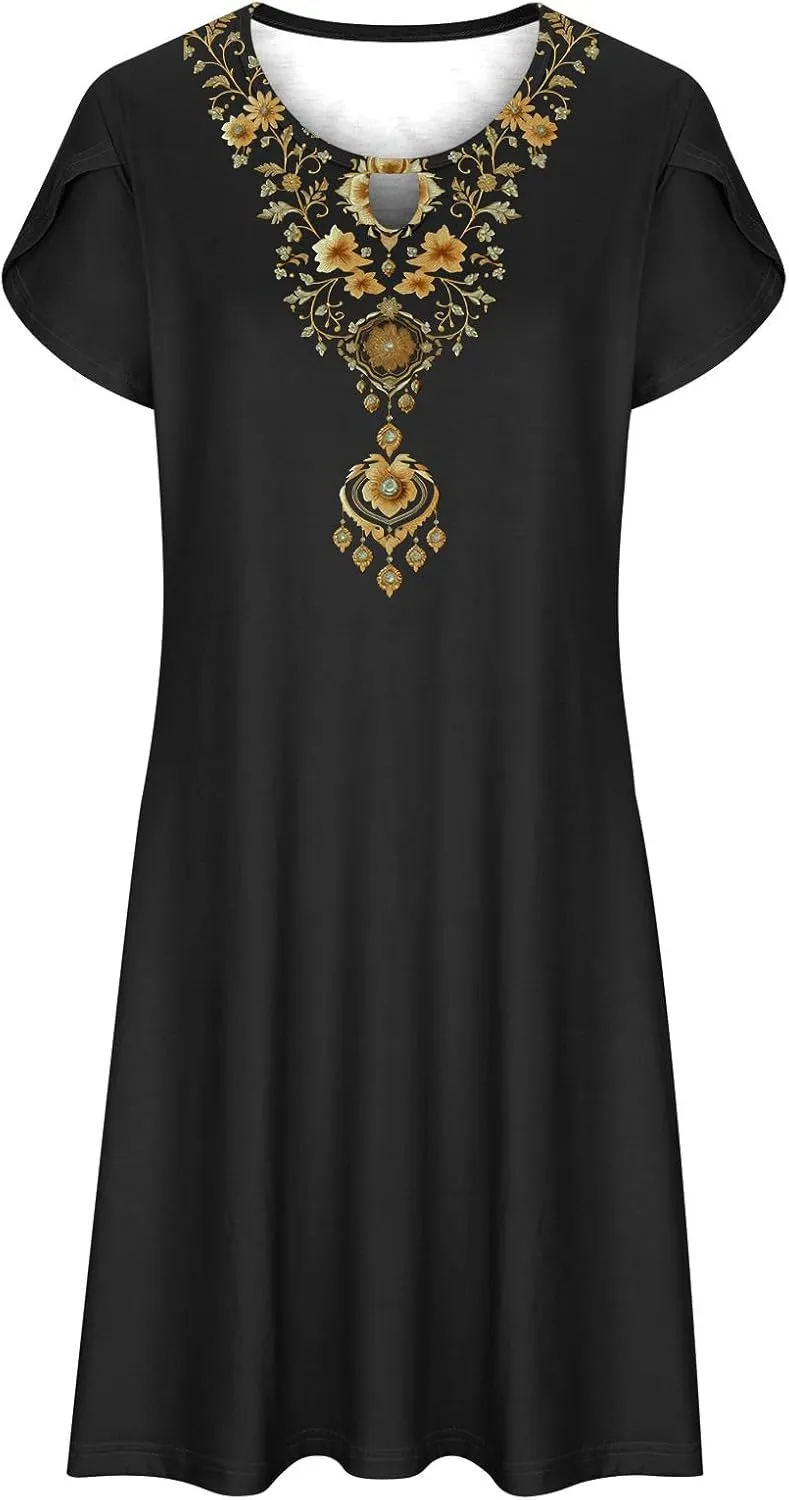Women's Embroidered Mexican Dresses 2024 Summer Short Sleeve Mini Dress Trendy Casual Loose Flowy Beach Sun Dresses