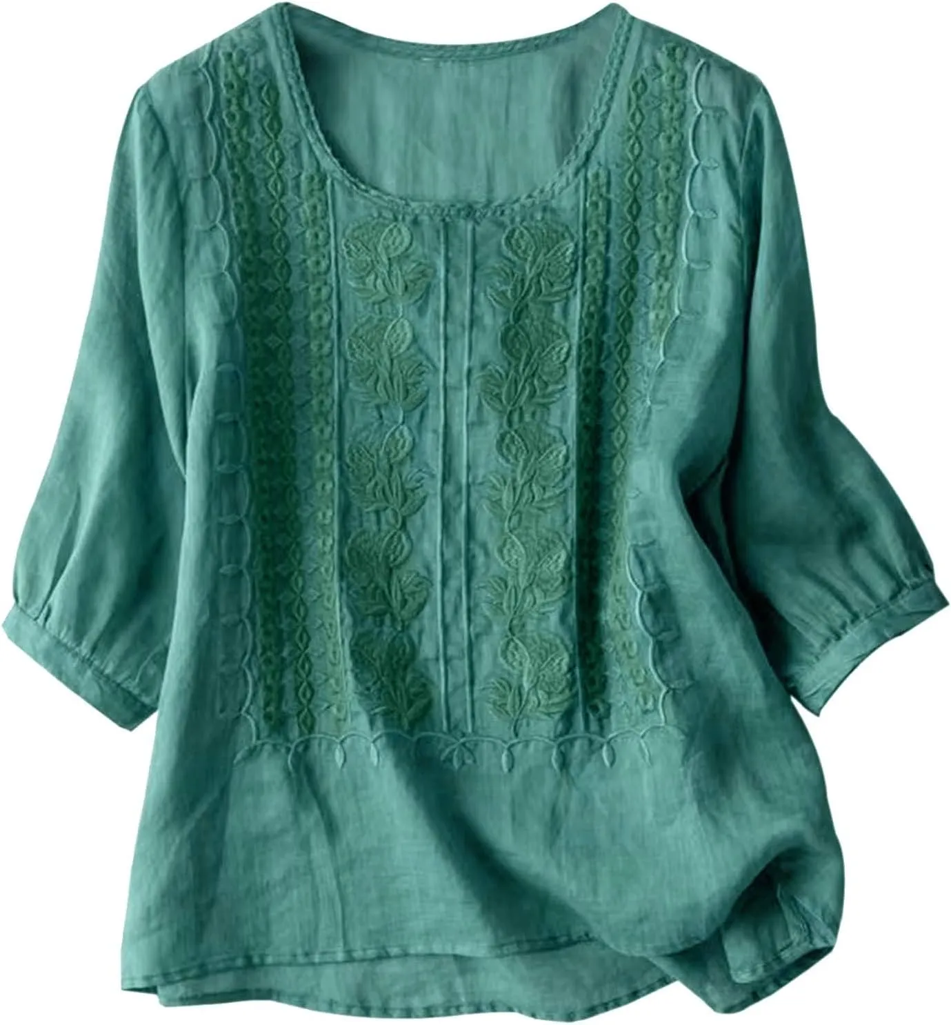 Womens Embroidered Shirts Solid Color Short Sleeve Linen Summer Casual Fashion Blouse Tops Loose T-Shirt