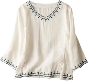 Womens Embroidered Shirts Solid Color Short Sleeve Linen Summer Casual Fashion Blouse Tops Loose T-Shirt