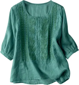 Womens Embroidered Shirts Solid Color Short Sleeve Linen Summer Casual Fashion Blouse Tops Loose T-Shirt