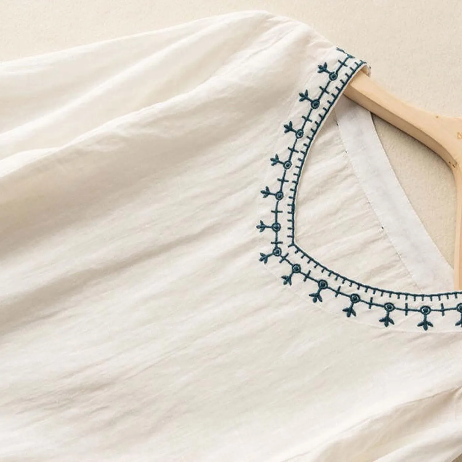 Womens Embroidered Shirts Solid Color Short Sleeve Linen Summer Casual Fashion Blouse Tops Loose T-Shirt