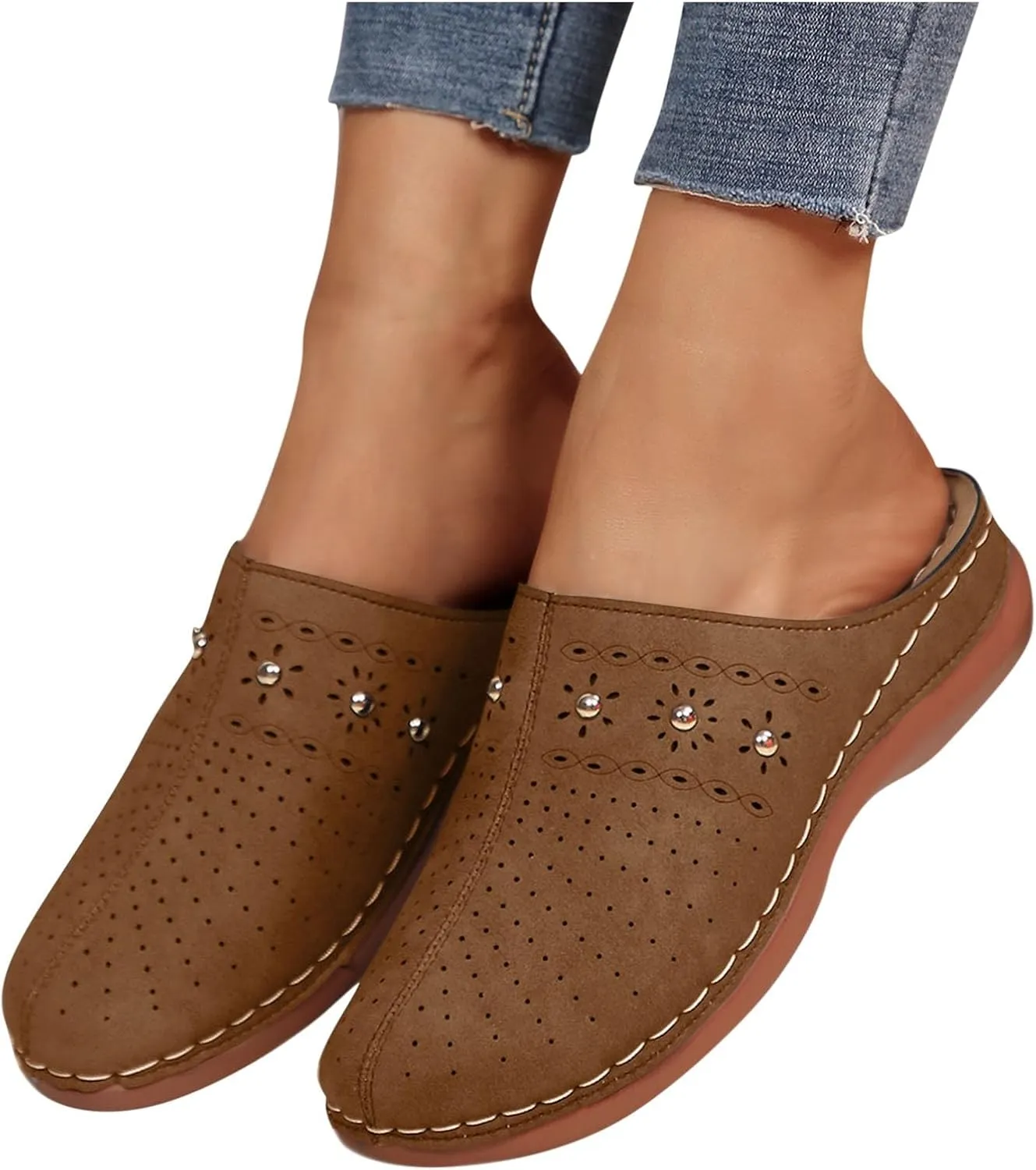 Womens Fashion Hollow Mules Comfortable Slip on Clogs with Arch Support Summer Walking Shoes Non Slip Beach Slippers
