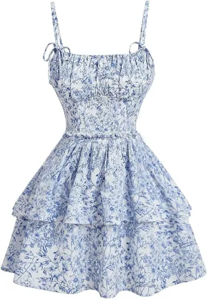 Women's Floral Print Knot Sleeveless Dress Ruched Tiered Layer Ruffle Hem Cami Dresses Boho Summer Mini Dress