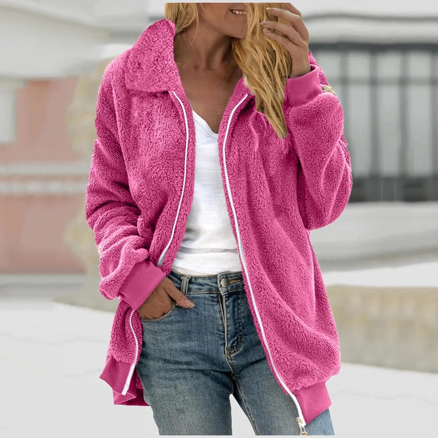 Womens Fuzzy Fleece Open Front Cardigan Jacket Oversized Long Sleeve Lapel Sherpa Warm Teddy Coat With Pockets
