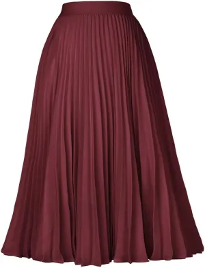 Women's High Waist Pleated Flare A-Line Rib Knit Midi Skirt Women's Stretch Waist Knee Length Skirt-Wine-L