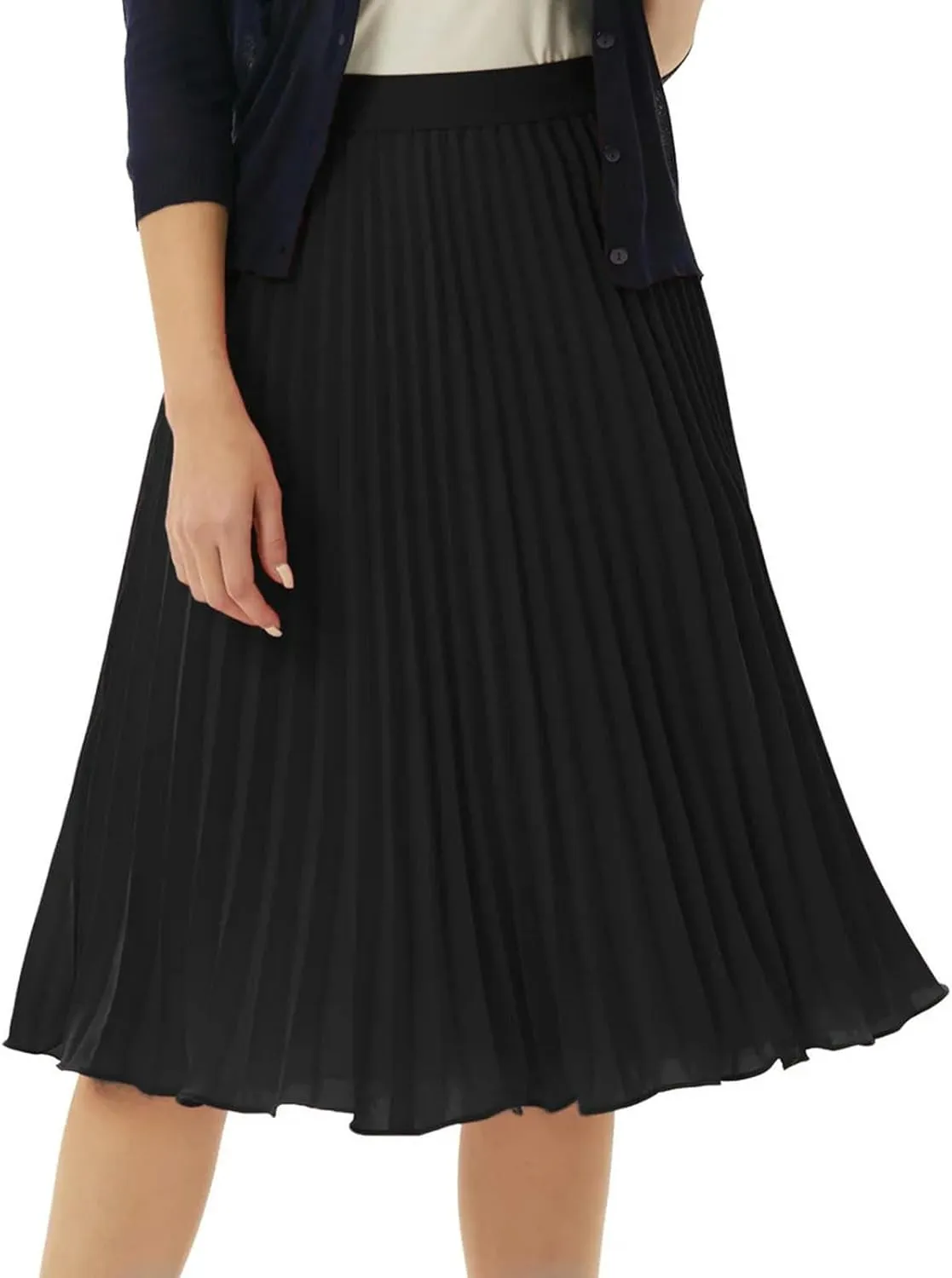 Women's High Waist Pleated Flare A-Line Rib Knit Midi Skirt Women's Stretch Waist Knee Length Skirt-Wine-L