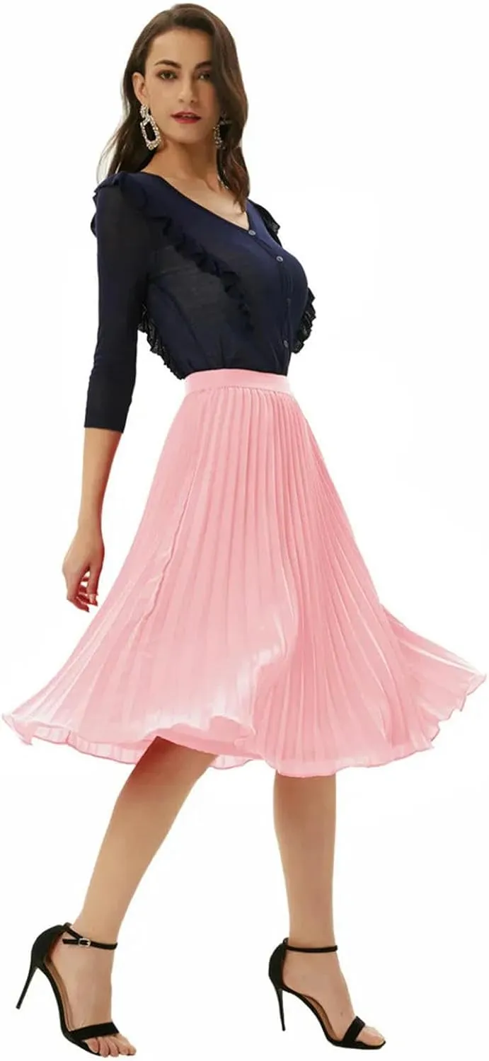 Women's High Waist Pleated Flare A-Line Rib Knit Midi Skirt Women's Stretch Waist Knee Length Skirt-Wine-L
