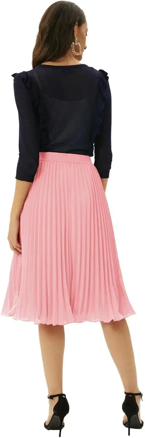 Women's High Waist Pleated Flare A-Line Rib Knit Midi Skirt Women's Stretch Waist Knee Length Skirt-Wine-L