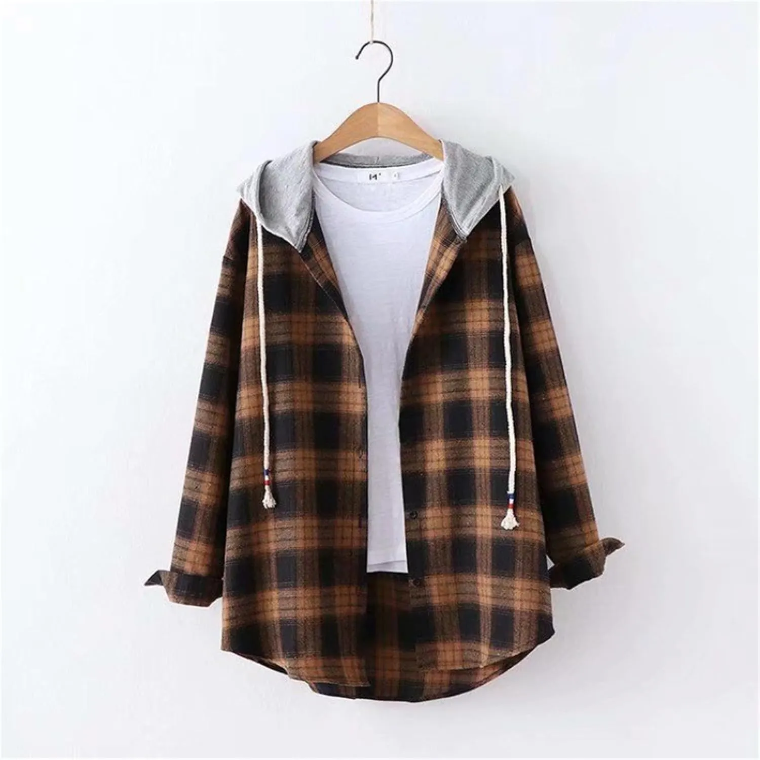 Womens Hoodies Flannel Coats Long Sleeve Classic Plaid Button Down Drawstring Shirts with Pockets Casual Outfits