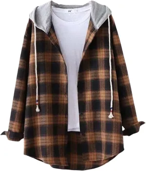 Womens Hoodies Flannel Coats Long Sleeve Classic Plaid Button Down Drawstring Shirts with Pockets Casual Outfits