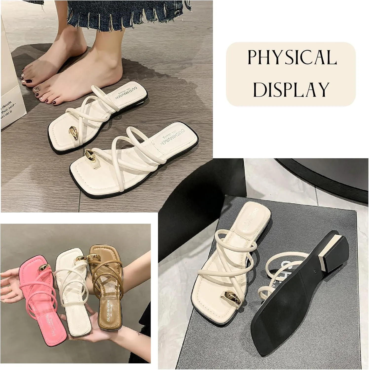 Women's Leather Strappy Metal Toe Ring Slides Sandals Fashion Comfortable Open Square Toe Slip On Low Block Heel Slippers Summer Casual Daily Beach Slipper