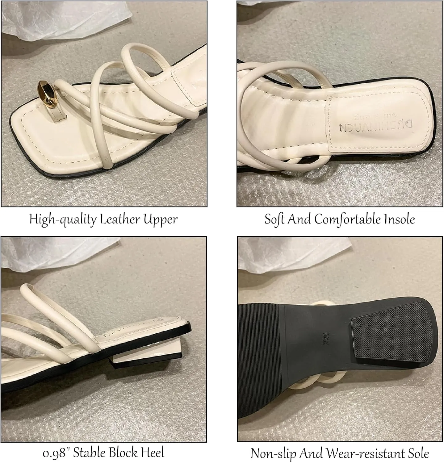 Women's Leather Strappy Metal Toe Ring Slides Sandals Fashion Comfortable Open Square Toe Slip On Low Block Heel Slippers Summer Casual Daily Beach Slipper