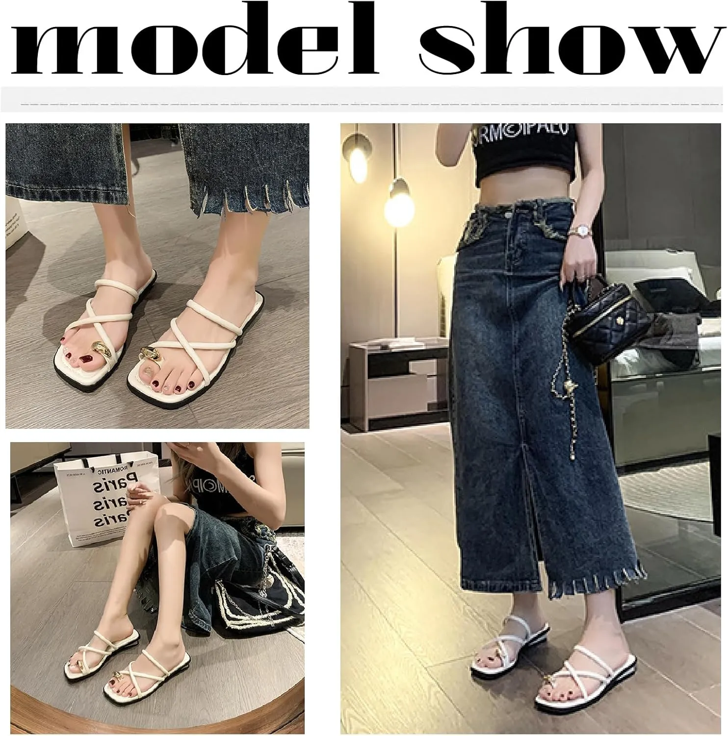 Women's Leather Strappy Metal Toe Ring Slides Sandals Fashion Comfortable Open Square Toe Slip On Low Block Heel Slippers Summer Casual Daily Beach Slipper
