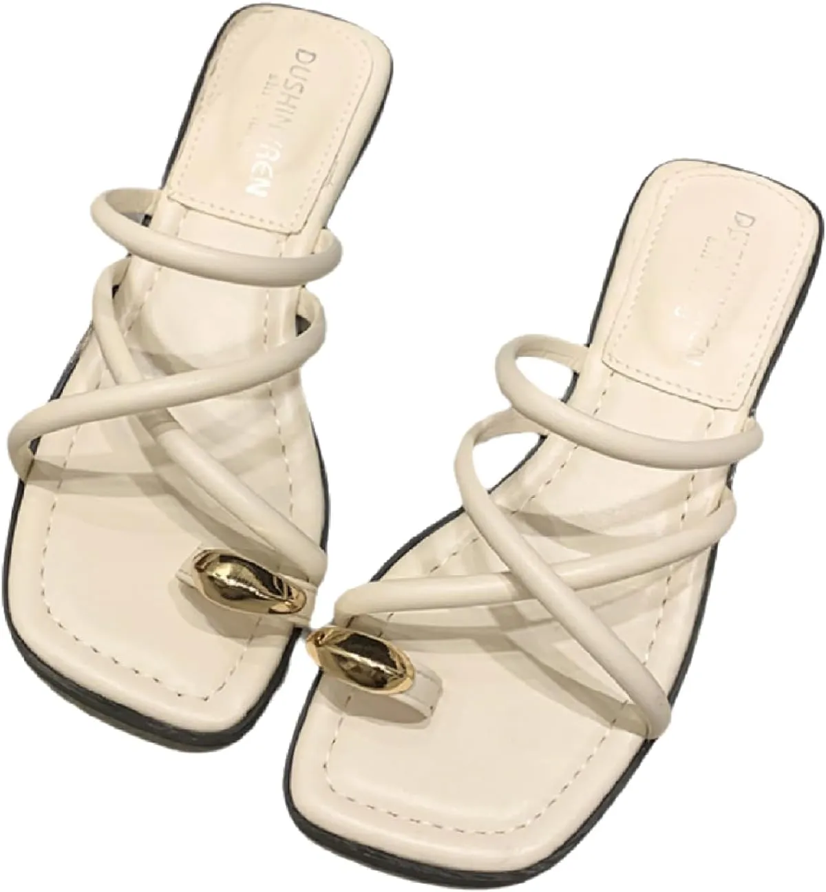Women's Leather Strappy Metal Toe Ring Slides Sandals Fashion Comfortable Open Square Toe Slip On Low Block Heel Slippers Summer Casual Daily Beach Slipper