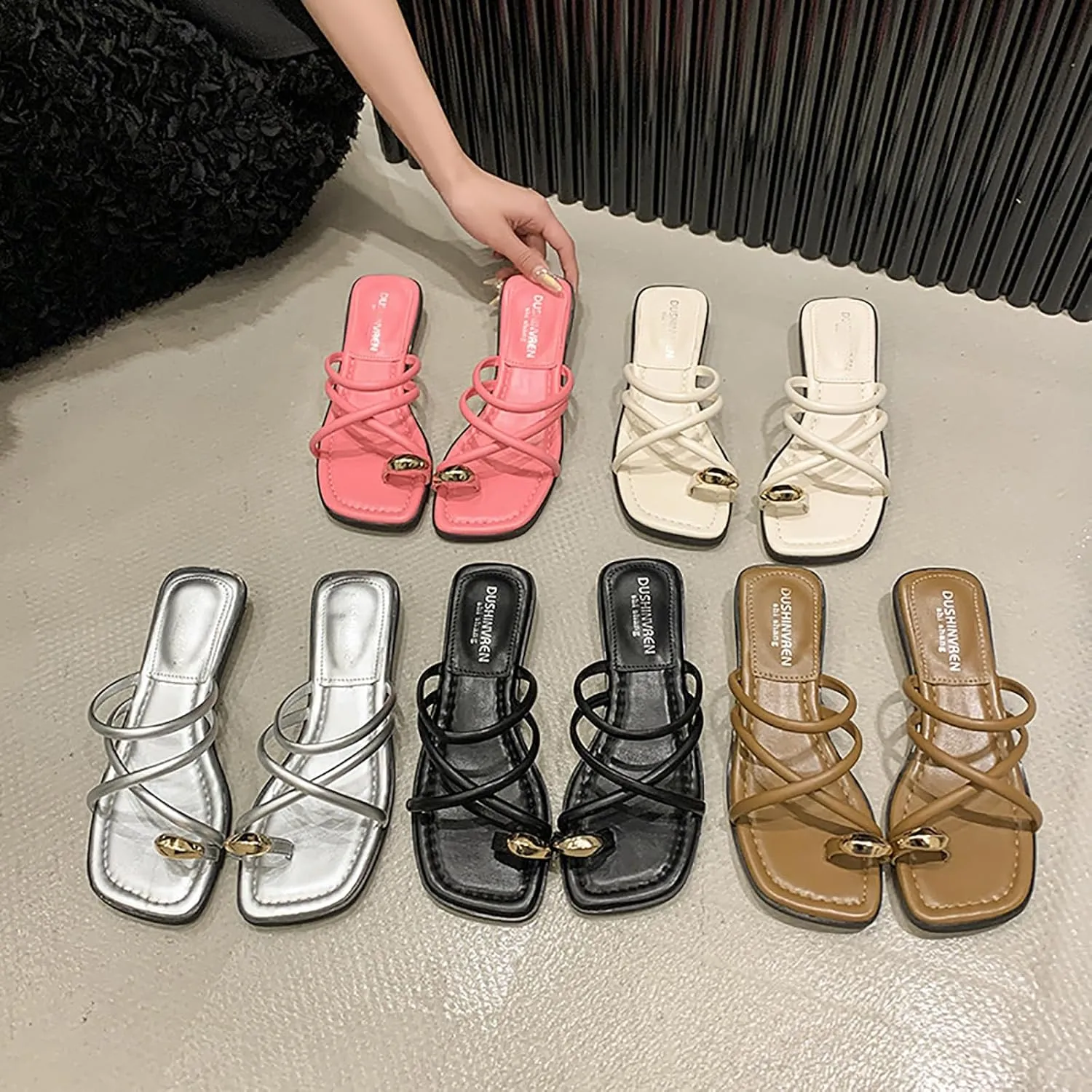 Women's Leather Strappy Metal Toe Ring Slides Sandals Fashion Comfortable Open Square Toe Slip On Low Block Heel Slippers Summer Casual Daily Beach Slipper