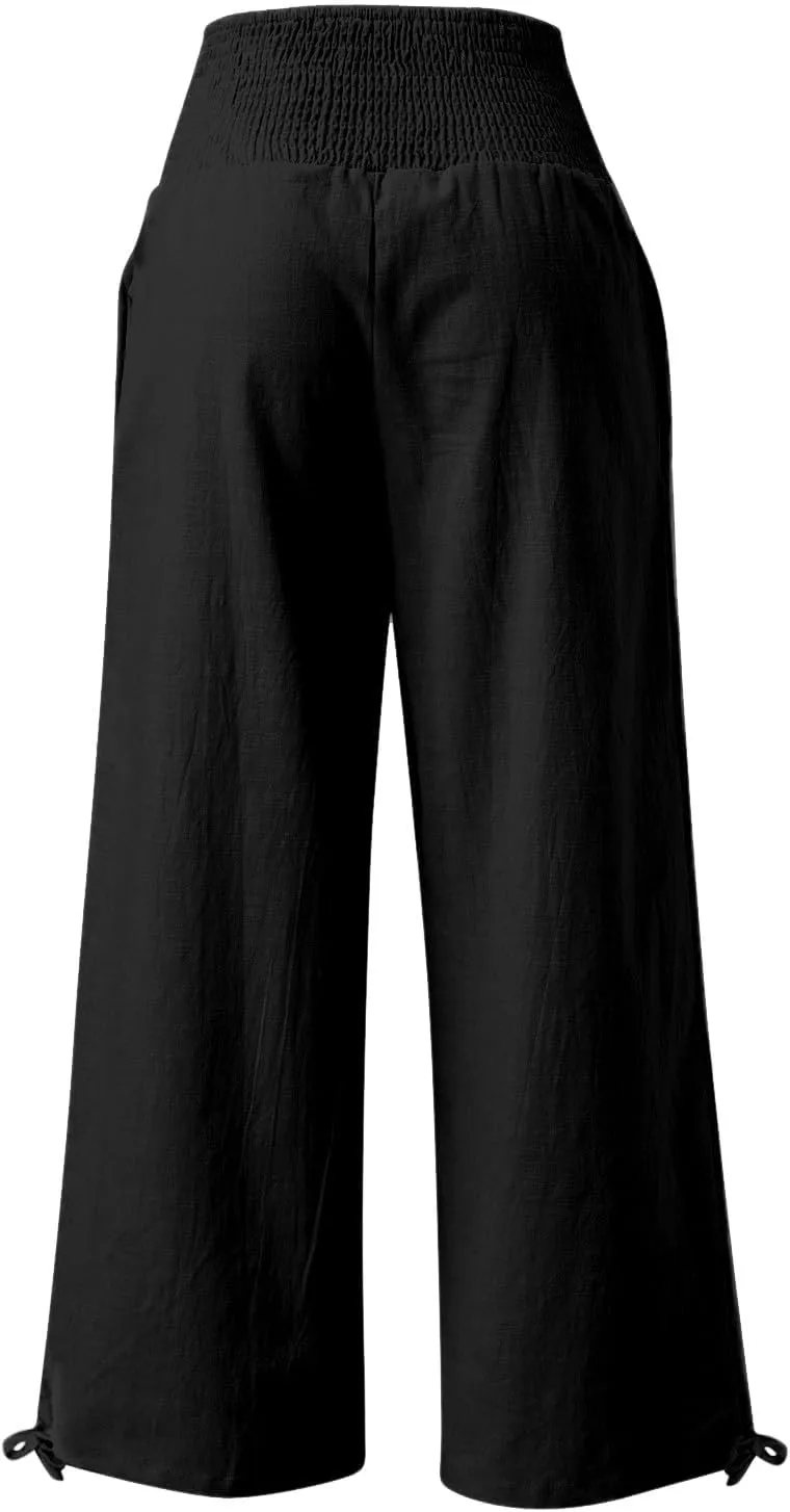 Women's Linen Palazzo Pants Summer Boho Wide Leg High Waist Casual Lounge Trousers 2025 Beach Travel Vacation Outfits