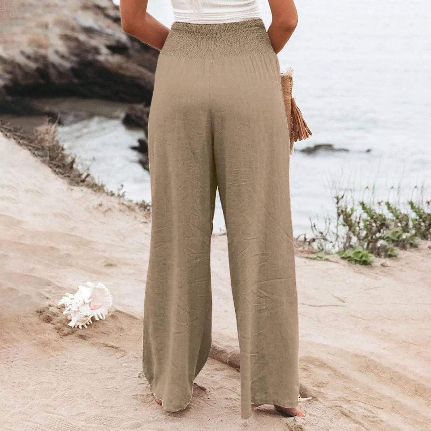 Women's Linen Palazzo Pants Summer Boho Wide Leg High Waist Casual Lounge Trousers 2025 Beach Travel Vacation Outfits