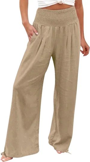Women's Linen Palazzo Pants Summer Boho Wide Leg High Waist Casual Lounge Trousers 2025 Beach Travel Vacation Outfits