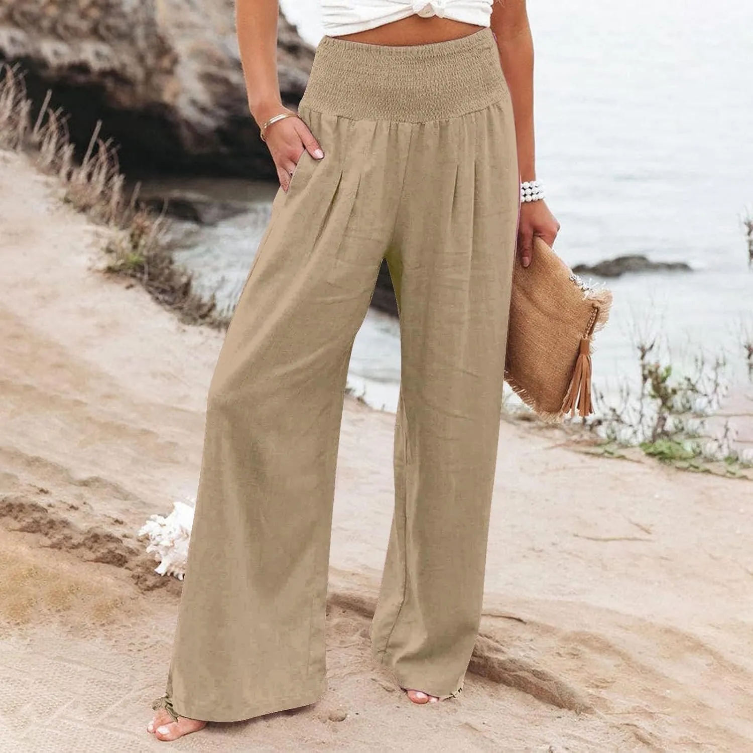 Women's Linen Palazzo Pants Summer Boho Wide Leg High Waist Casual Lounge Trousers 2025 Beach Travel Vacation Outfits