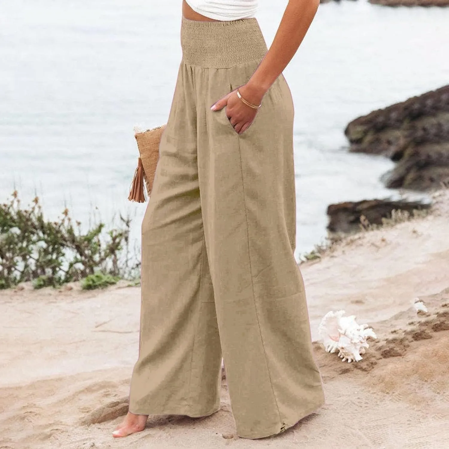 Women's Linen Palazzo Pants Summer Boho Wide Leg High Waist Casual Lounge Trousers 2025 Beach Travel Vacation Outfits