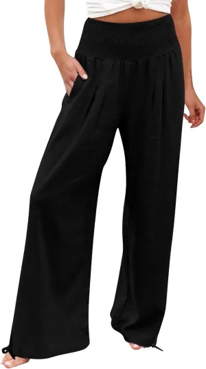 Women's Linen Palazzo Pants Summer Boho Wide Leg High Waist Casual Lounge Trousers 2025 Beach Travel Vacation Outfits