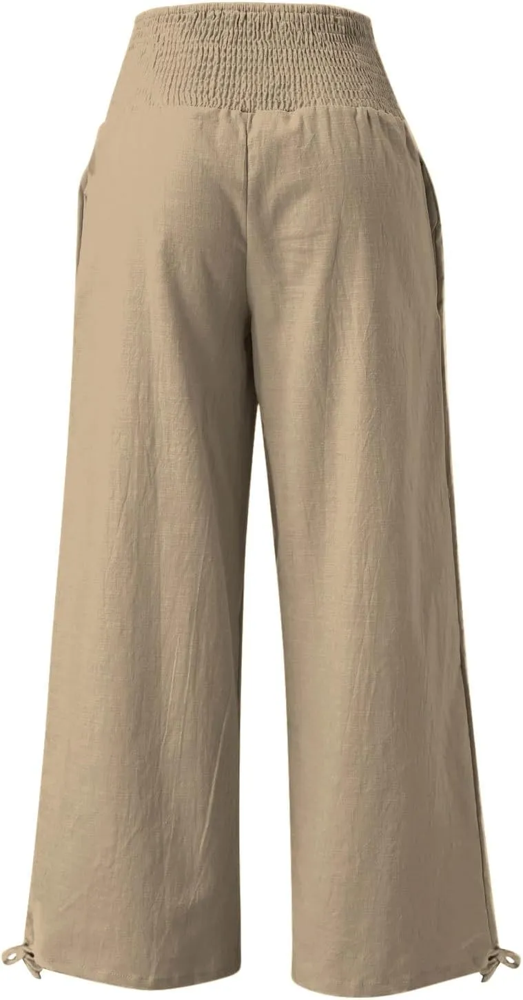 Women's Linen Palazzo Pants Summer Boho Wide Leg High Waist Casual Lounge Trousers 2025 Beach Travel Vacation Outfits