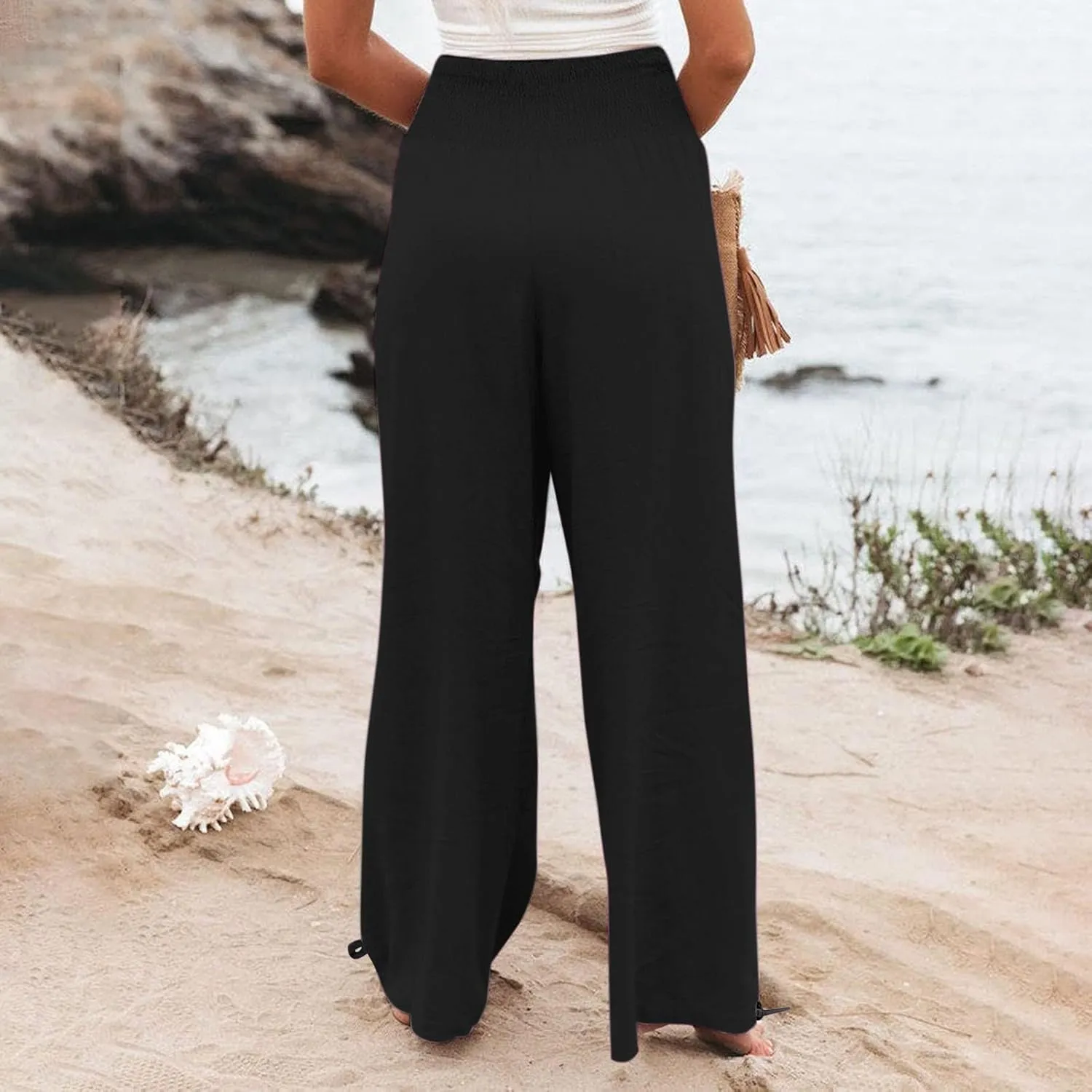 Women's Linen Palazzo Pants Summer Boho Wide Leg High Waist Casual Lounge Trousers 2025 Beach Travel Vacation Outfits