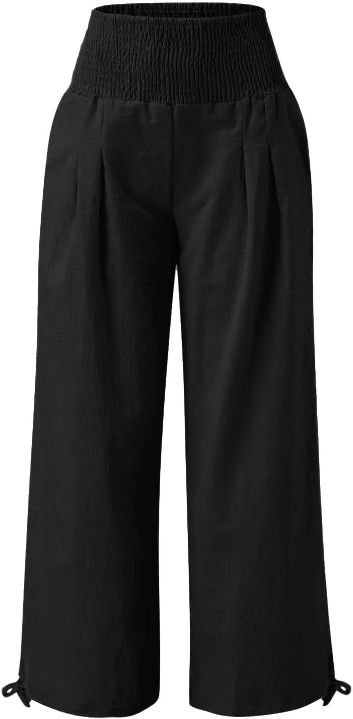 Women's Linen Palazzo Pants Summer Boho Wide Leg High Waist Casual Lounge Trousers 2025 Beach Travel Vacation Outfits