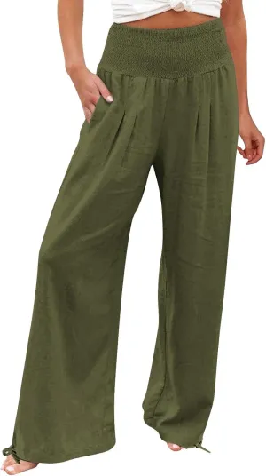 Women's Linen Palazzo Pants Summer Boho Wide Leg High Waist Casual Lounge Trousers 2025 Beach Travel Vacation Outfits