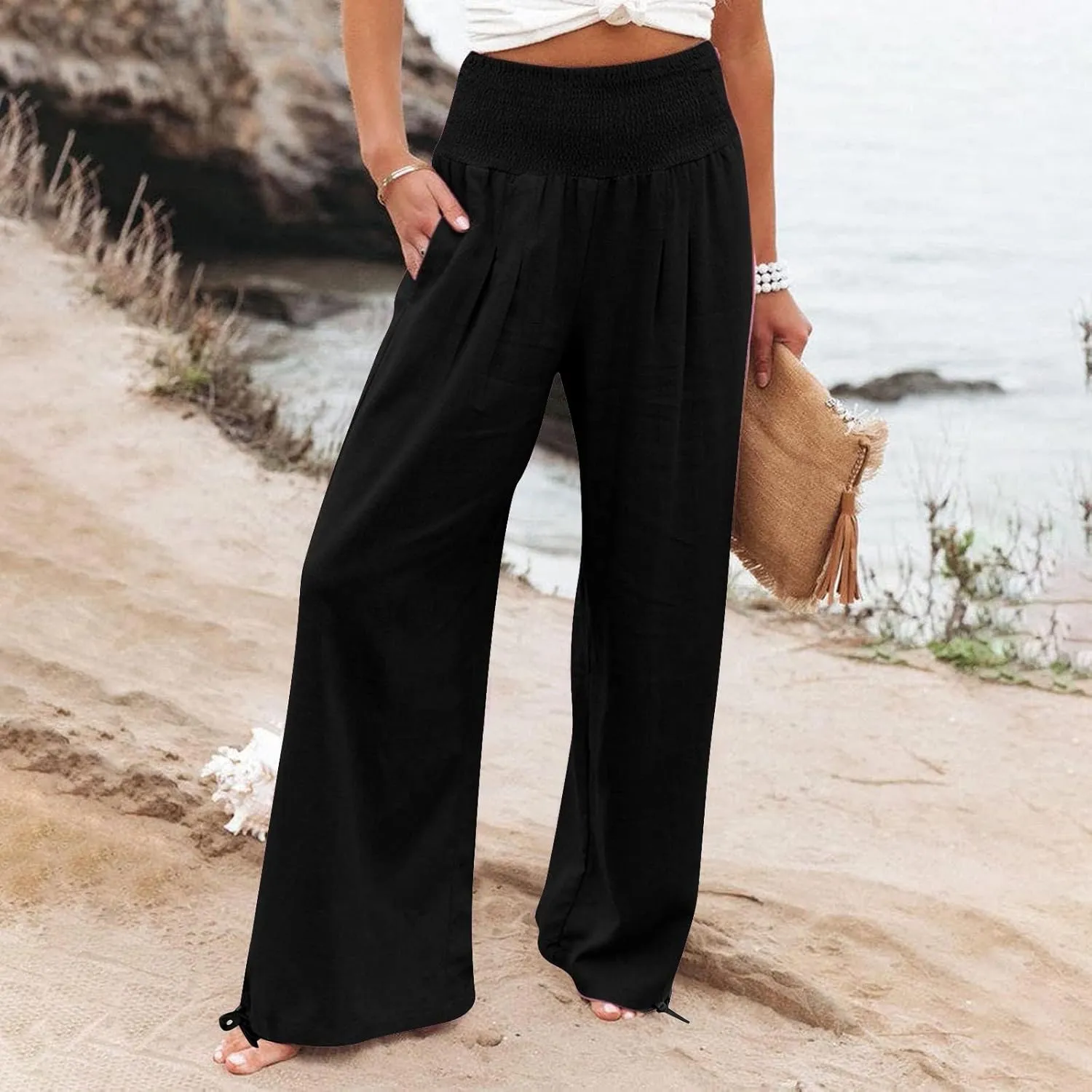 Women's Linen Palazzo Pants Summer Boho Wide Leg High Waist Casual Lounge Trousers 2025 Beach Travel Vacation Outfits