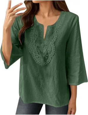 Women's Linen Shirts Dressy 3/4 Sleeve V Neck Cotton Blouses Casual Loose Lace Tunic Tops Summer Vacation Outfits